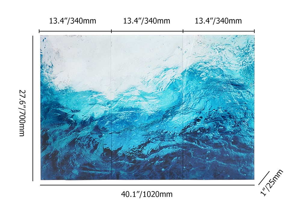 HMR - 3 Pieces Coastal Tempered Glass Wall Art Large Rectangle Ocean Sea Wave Hanging Decor