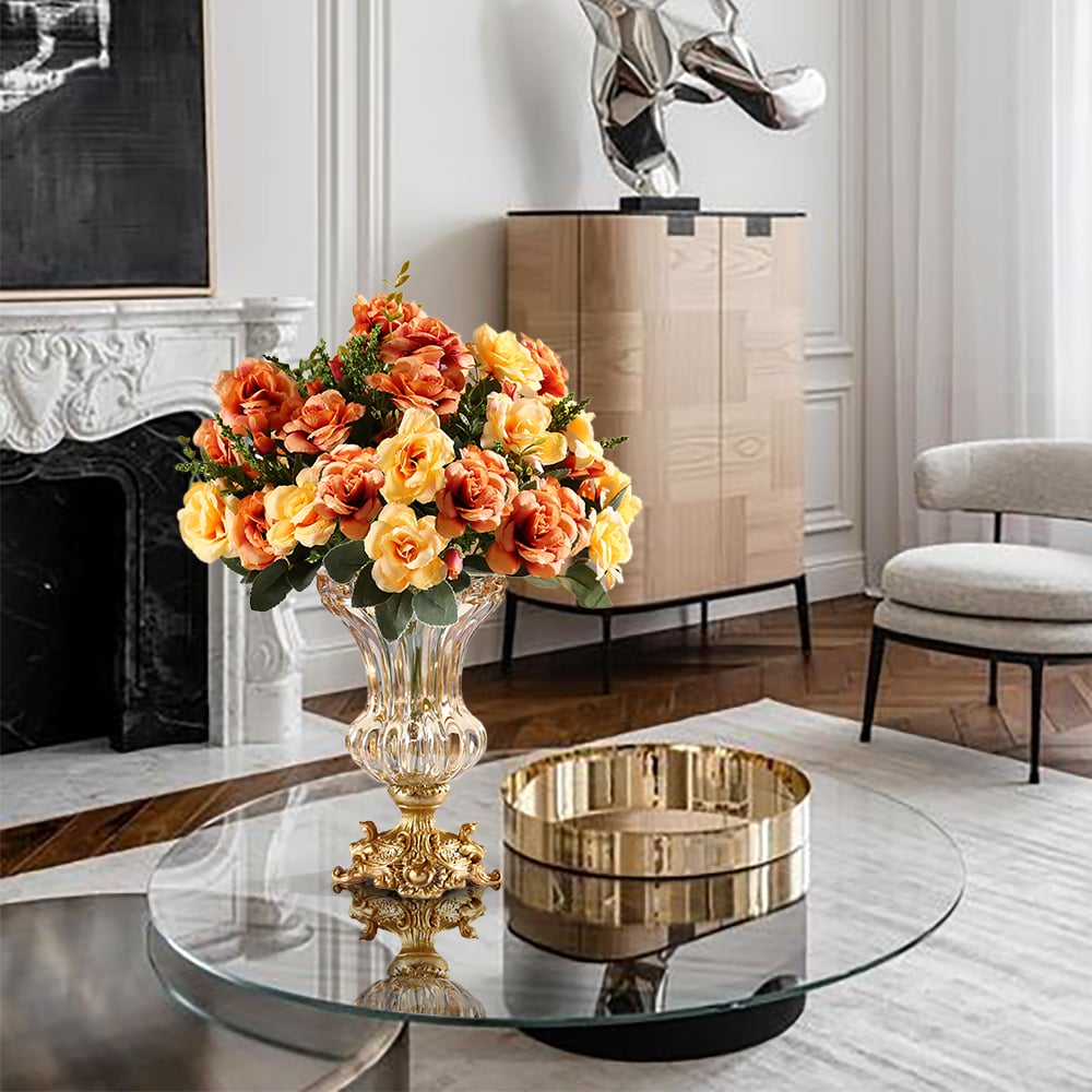 HMR - Retro European Style Golden Crystal Glass Carved Vase Artificial Flowers in Vase Set