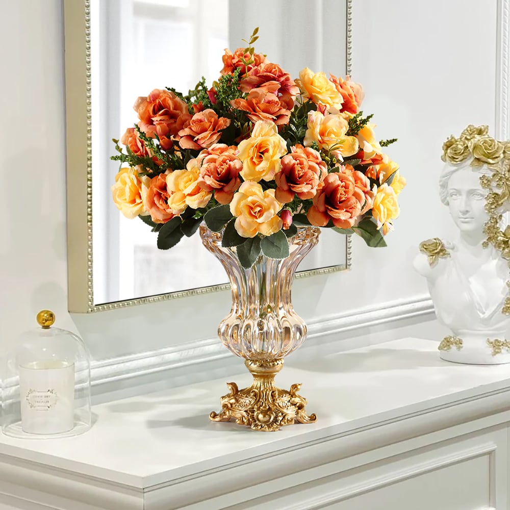 HMR - Retro European Style Golden Crystal Glass Carved Vase Artificial Flowers in Vase Set