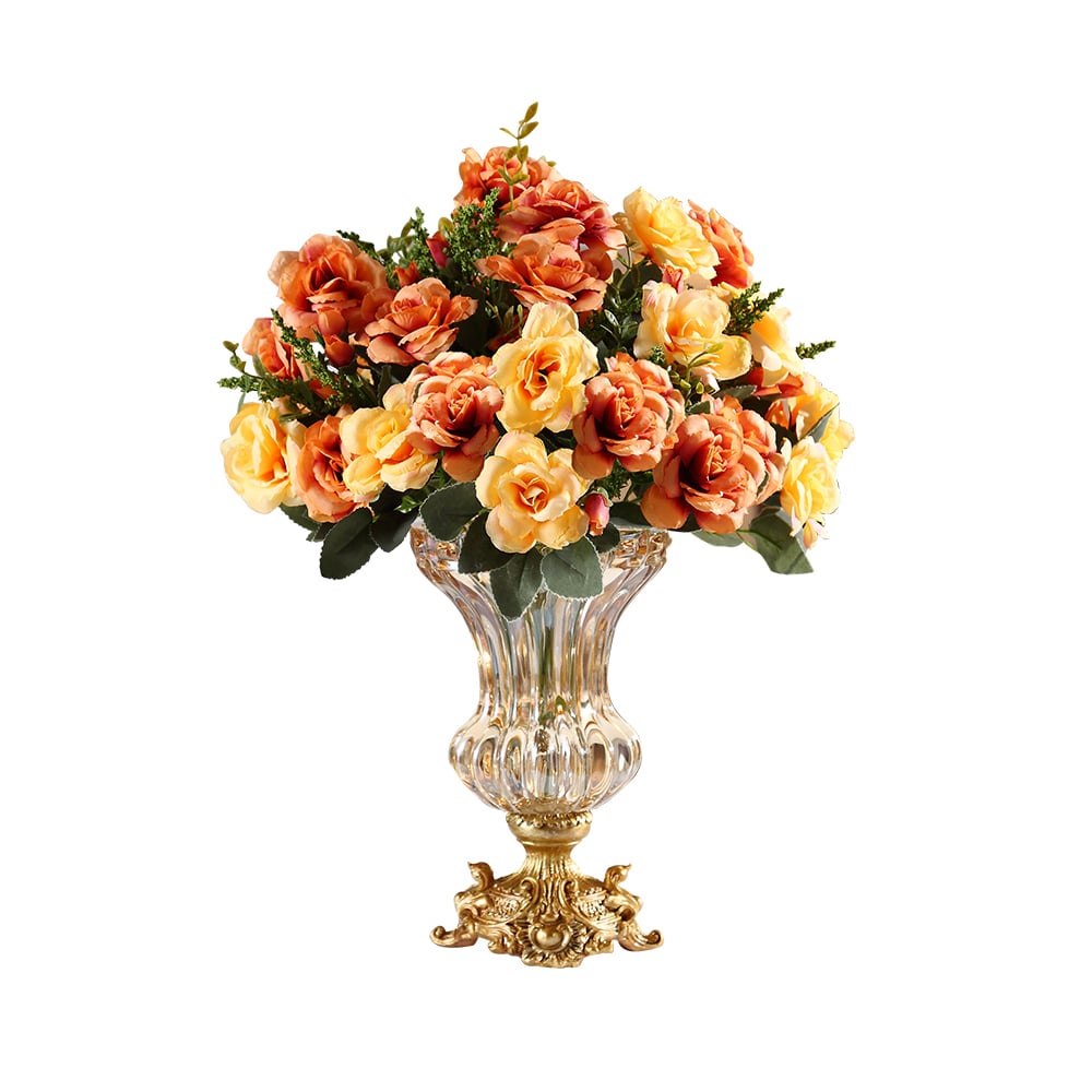 HMR - Retro European Style Golden Crystal Glass Carved Vase Artificial Flowers in Vase Set