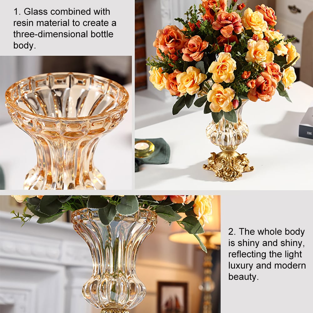 HMR - Retro European Style Golden Crystal Glass Carved Vase Artificial Flowers in Vase Set