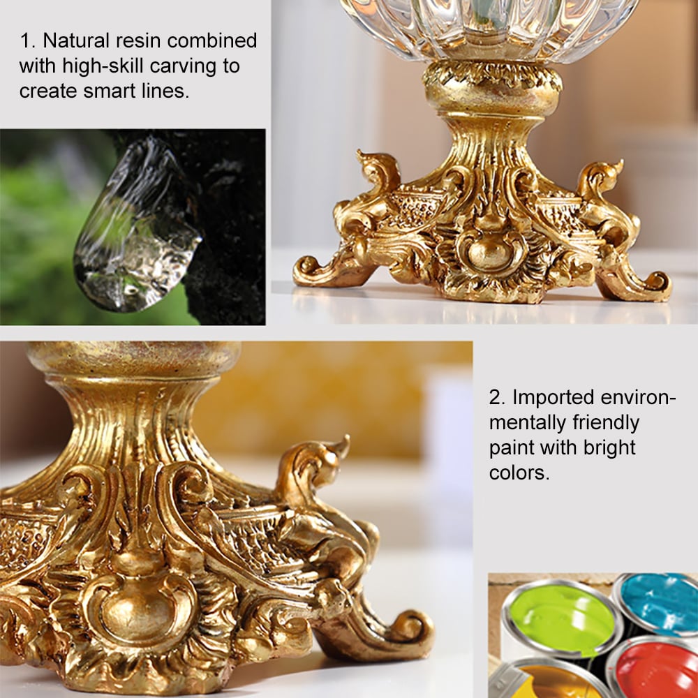 HMR - Retro European Style Golden Crystal Glass Carved Vase Artificial Flowers in Vase Set