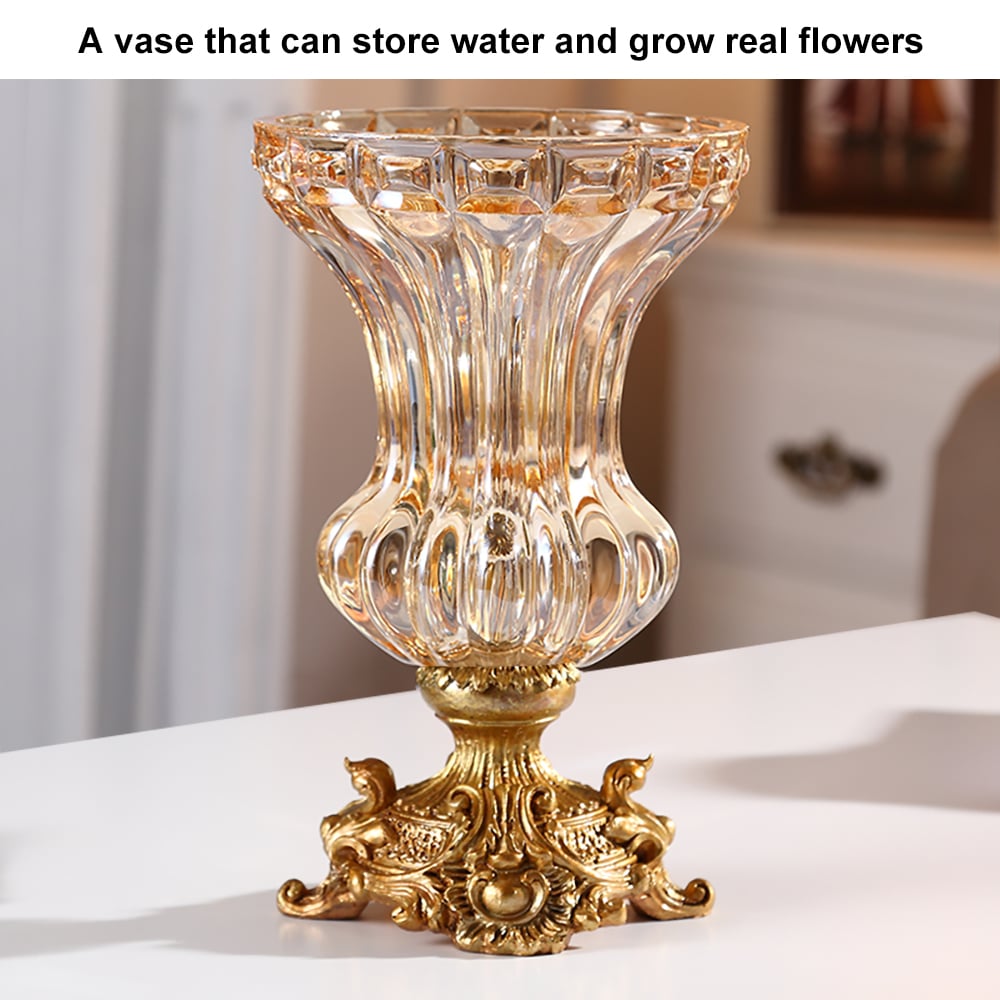 HMR - Retro European Style Golden Crystal Glass Carved Vase Artificial Flowers in Vase Set