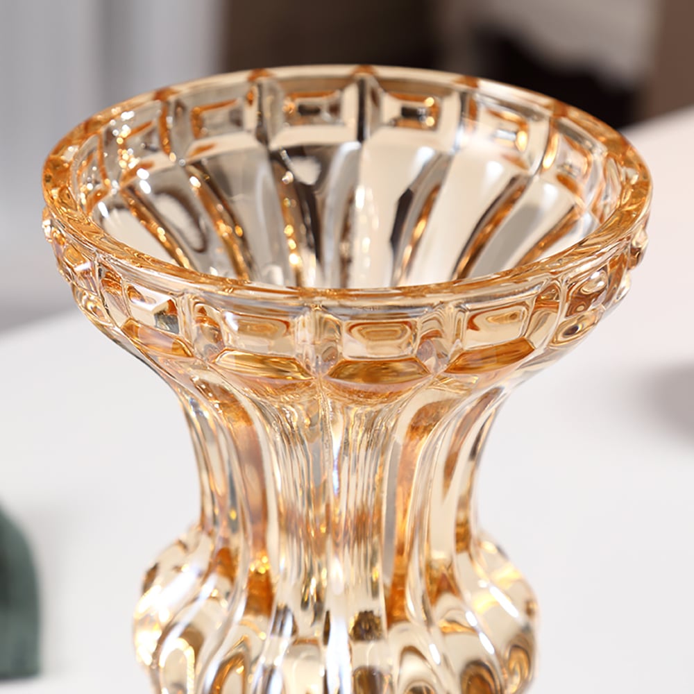 HMR - Retro European Style Golden Crystal Glass Carved Vase Artificial Flowers in Vase Set