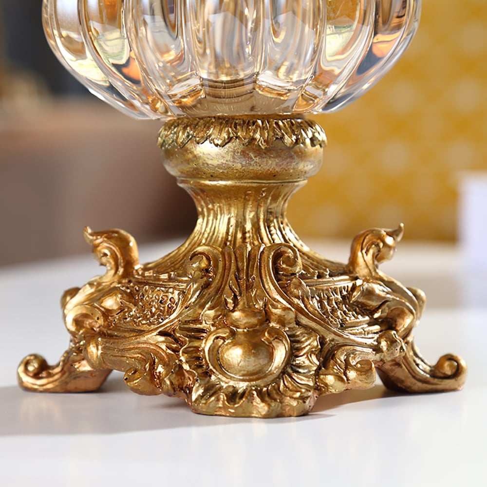 HMR - Retro European Style Golden Crystal Glass Carved Vase Artificial Flowers in Vase Set