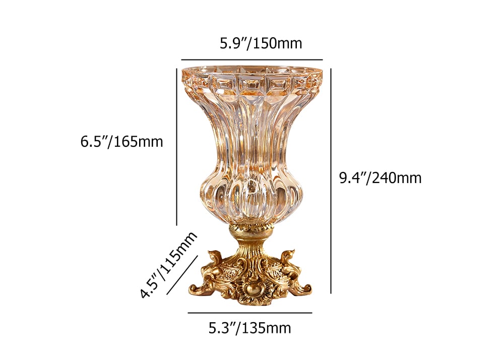 HMR - Retro European Style Golden Crystal Glass Carved Vase Artificial Flowers in Vase Set