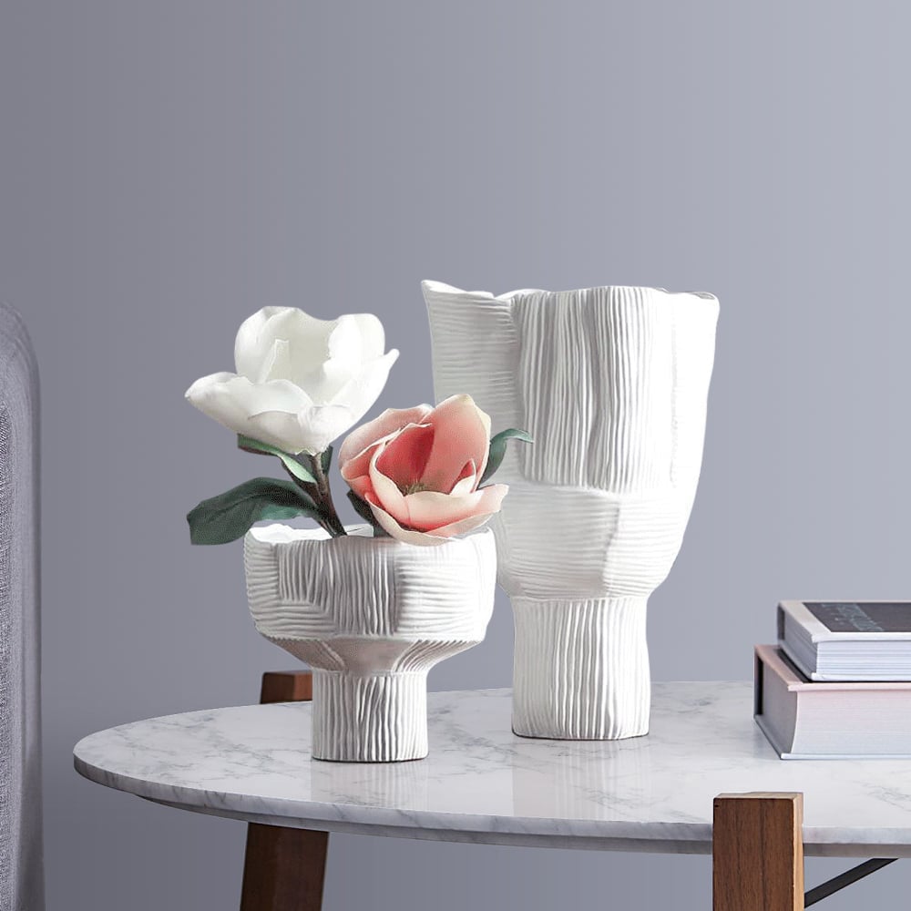 HMR - 2-Pieces Minimalist White Striped Flower Vases Set Resin Vase Decor Living Room Bedroom
