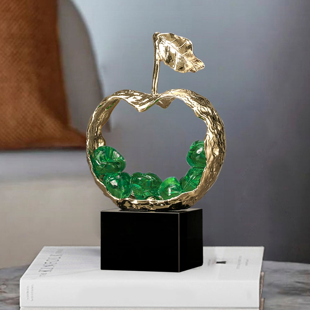 HMR - 8" Green Metal & Resin Abstract Geometric Apple Fruit Sculpture Ornament Desk Decor Art