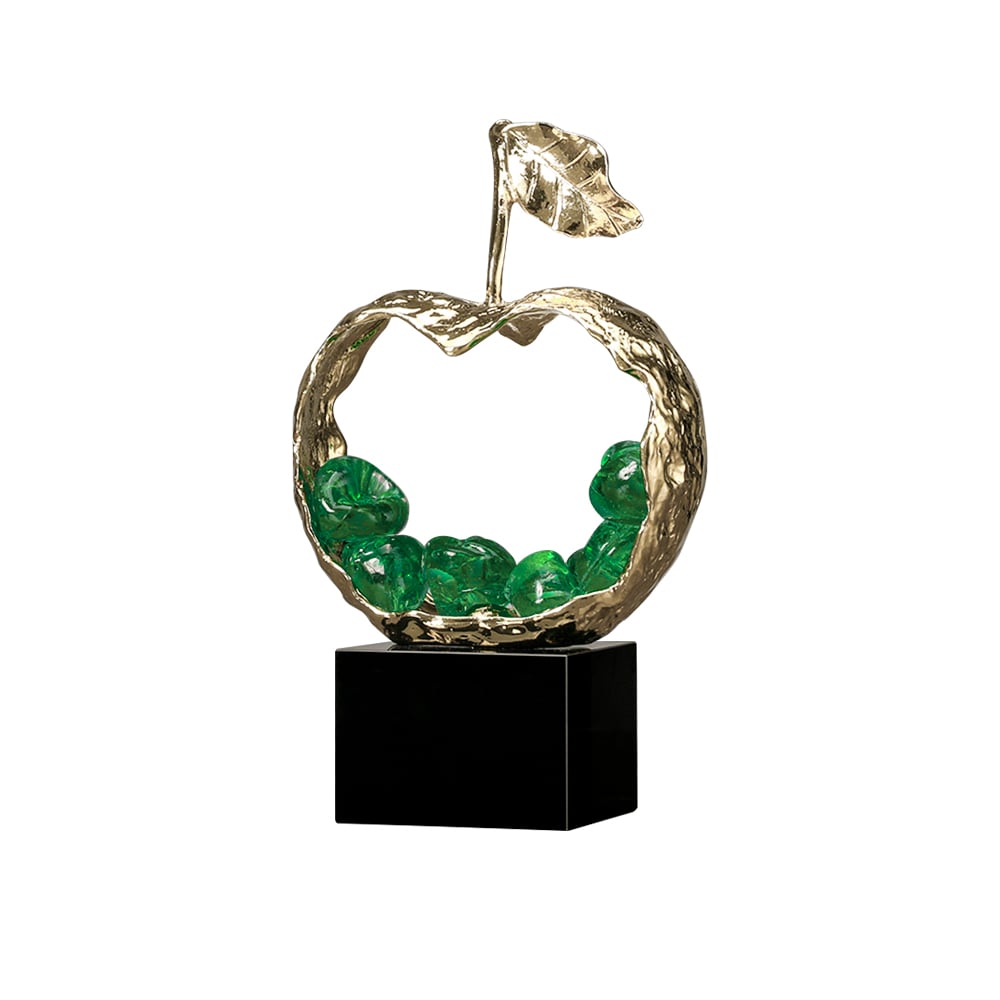 HMR - 8" Green Metal & Resin Abstract Geometric Apple Fruit Sculpture Ornament Desk Decor Art