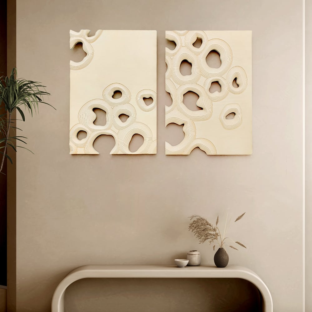 HMR - 2 Pieces 3D Abstract Geometric Carved Wood Wall Art Sculpture Decor Living Room Bedroom