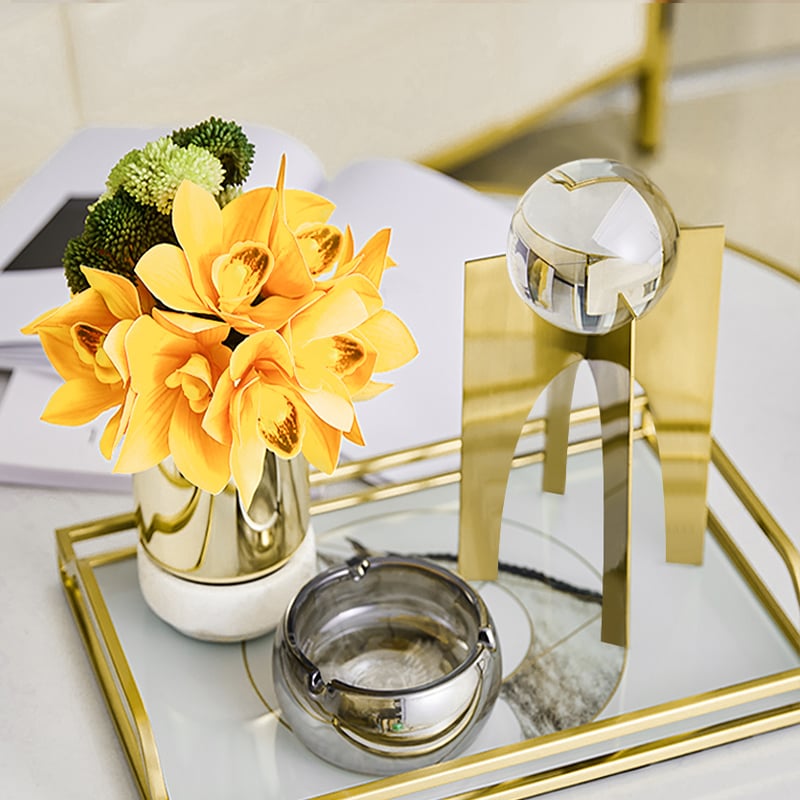 HMR - Modern Round Crystal Ball Ornament with Gold Stand Home Decor Art Desk Figurine Object