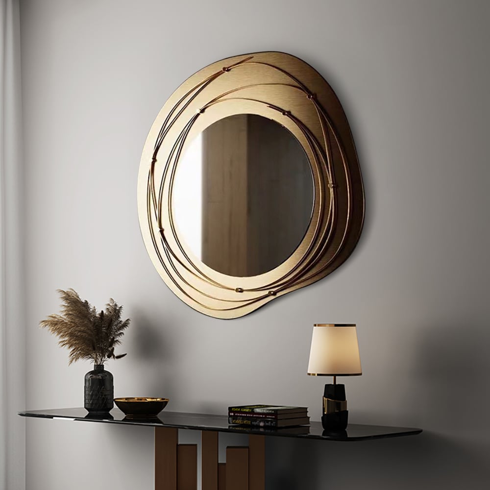HMR - 31.5" Gold Framed Metal Round Wall Mirror with Abstract Lines Decoration