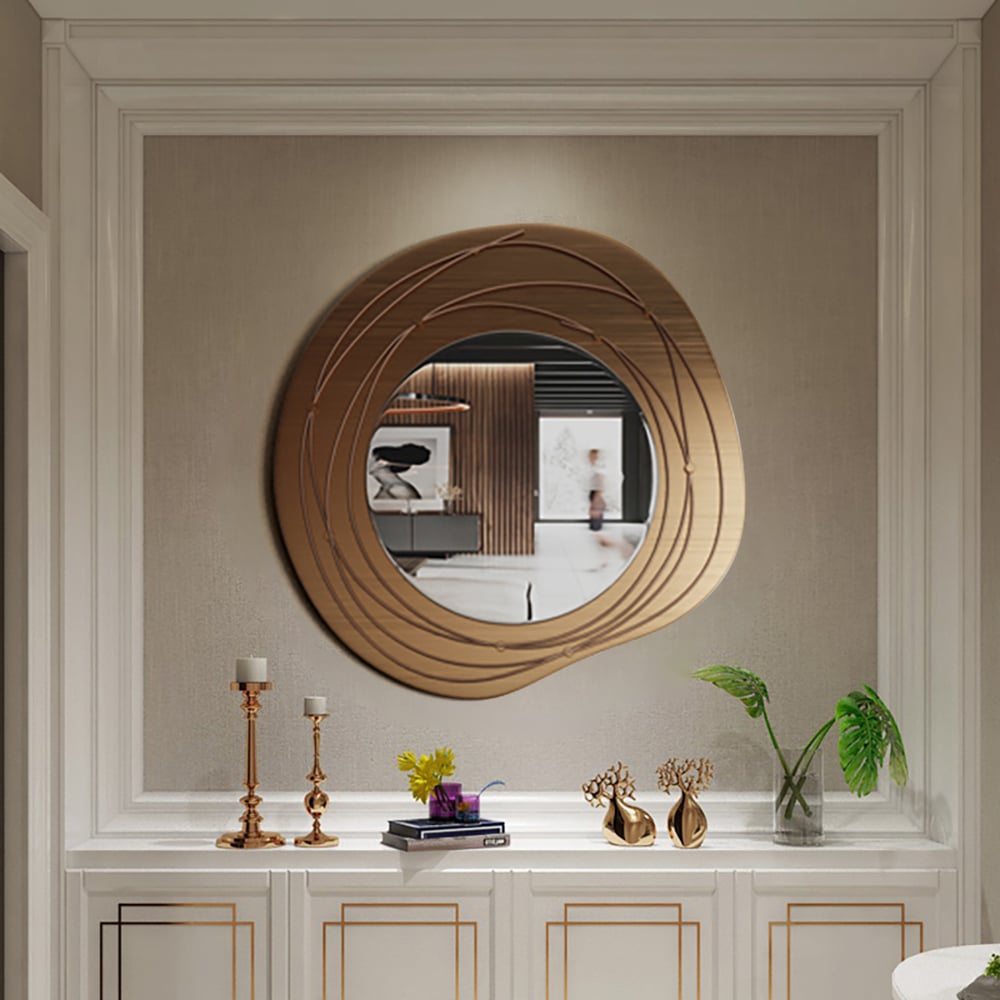 HMR - 31.5" Gold Framed Metal Round Wall Mirror with Abstract Lines Decoration