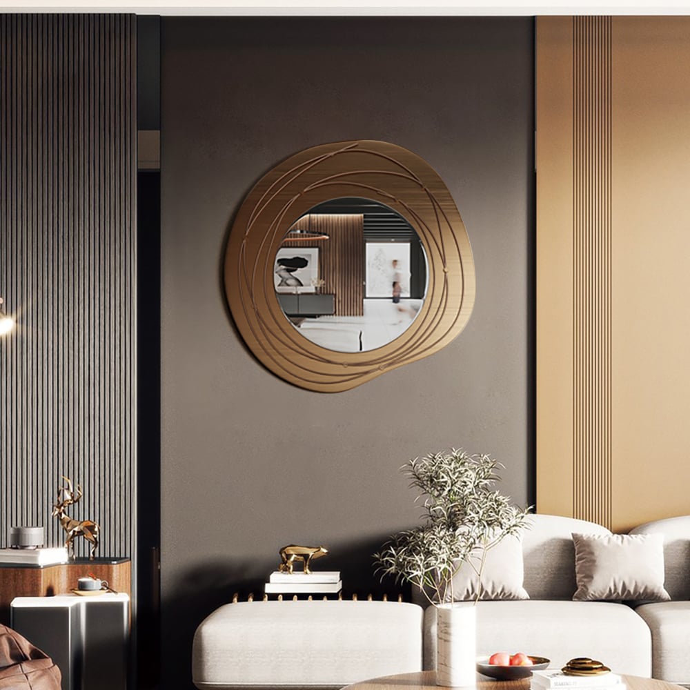 HMR - 31.5" Gold Framed Metal Round Wall Mirror with Abstract Lines Decoration