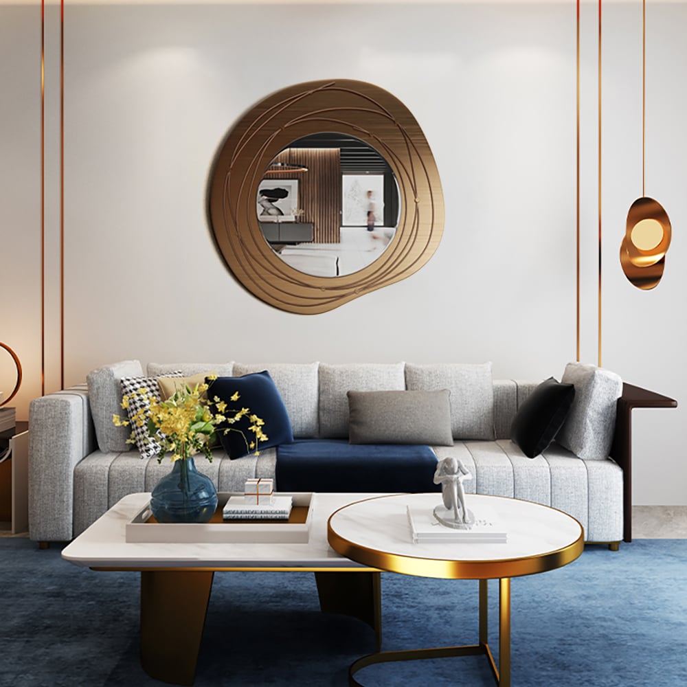 HMR - 31.5" Gold Framed Metal Round Wall Mirror with Abstract Lines Decoration