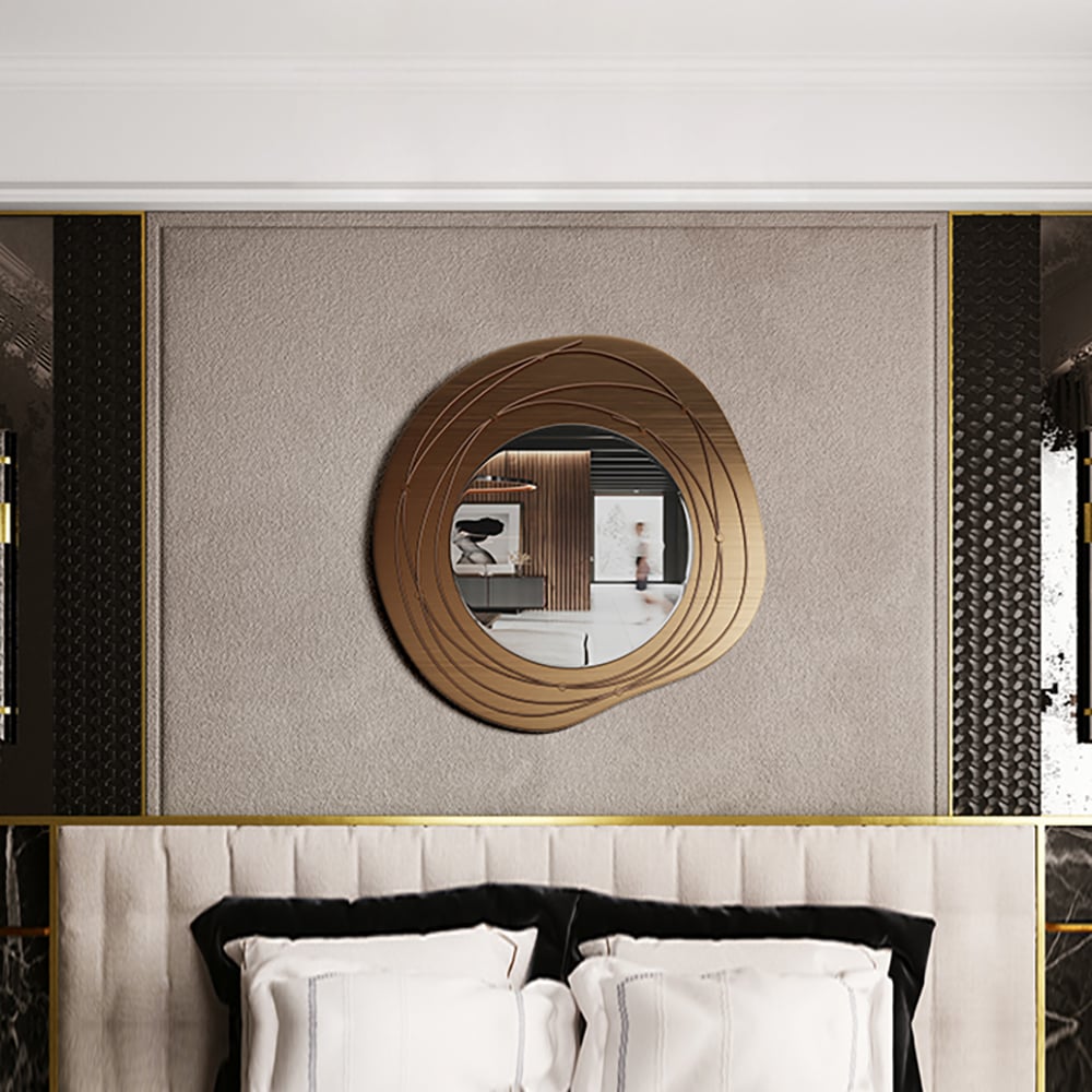 HMR - 31.5" Gold Framed Metal Round Wall Mirror with Abstract Lines Decoration