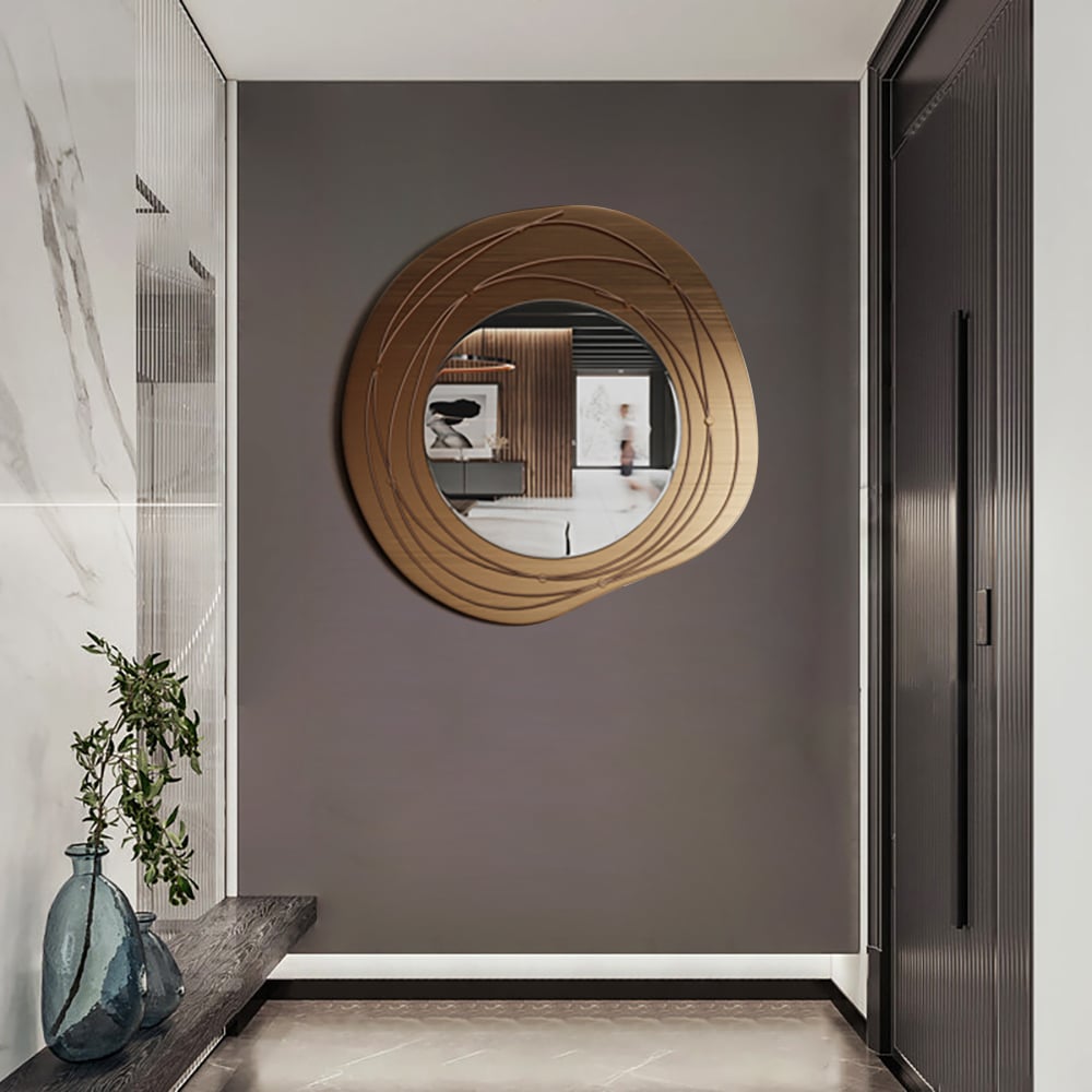 HMR - 31.5" Gold Framed Metal Round Wall Mirror with Abstract Lines Decoration