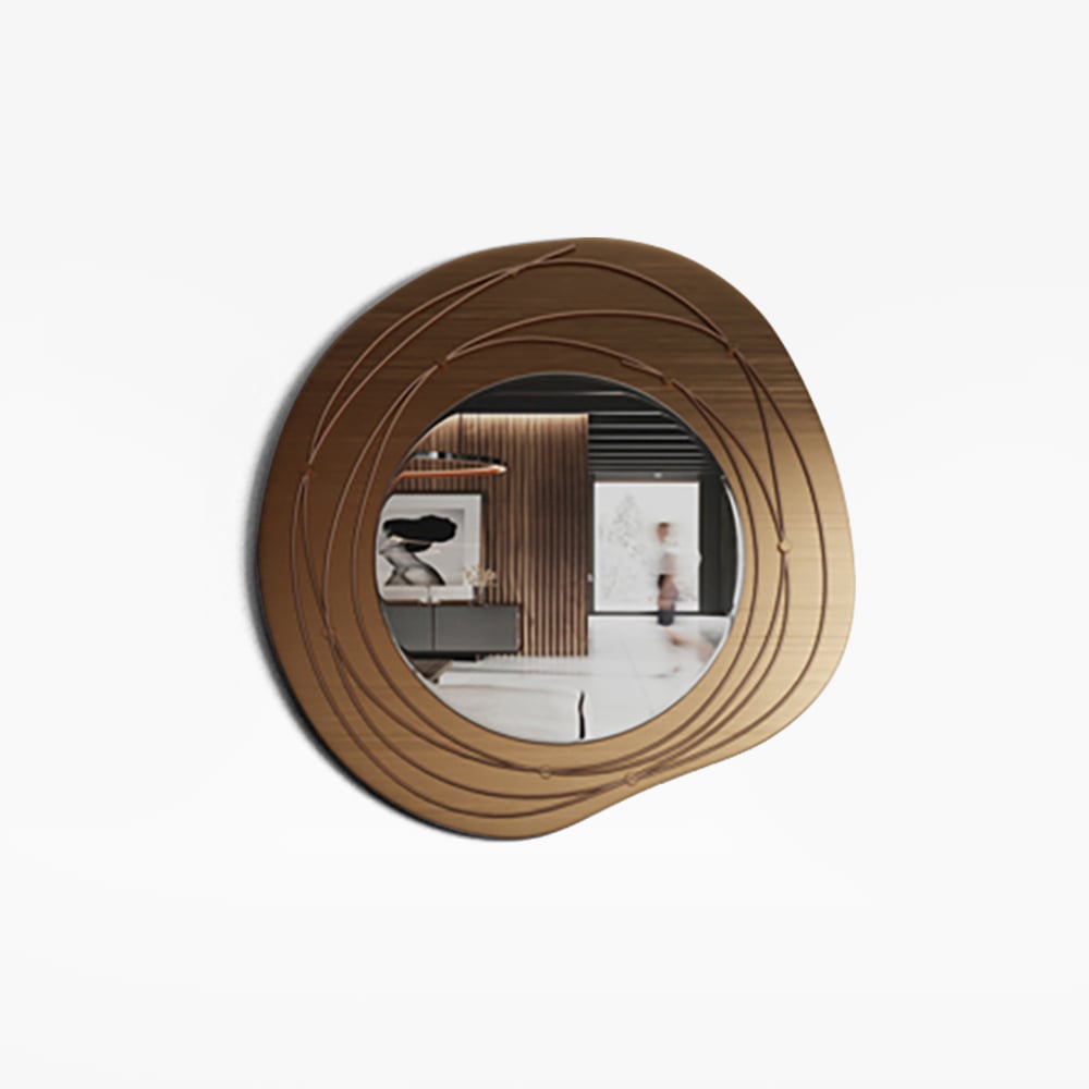 HMR - 31.5" Gold Framed Metal Round Wall Mirror with Abstract Lines Decoration