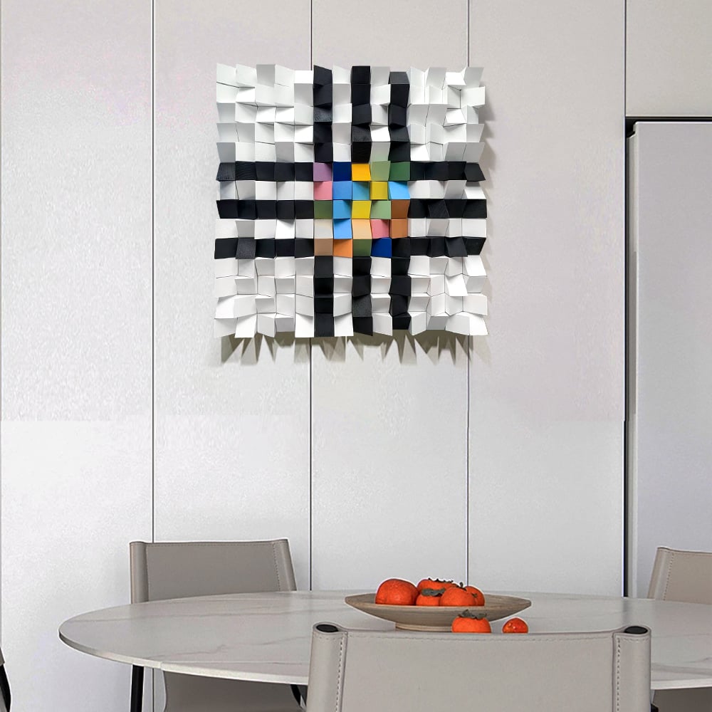 HMR - 22.8" Abstract Square Mosaic Wood Wall Art 3D Modern Carved Sculpture Decor Living Room