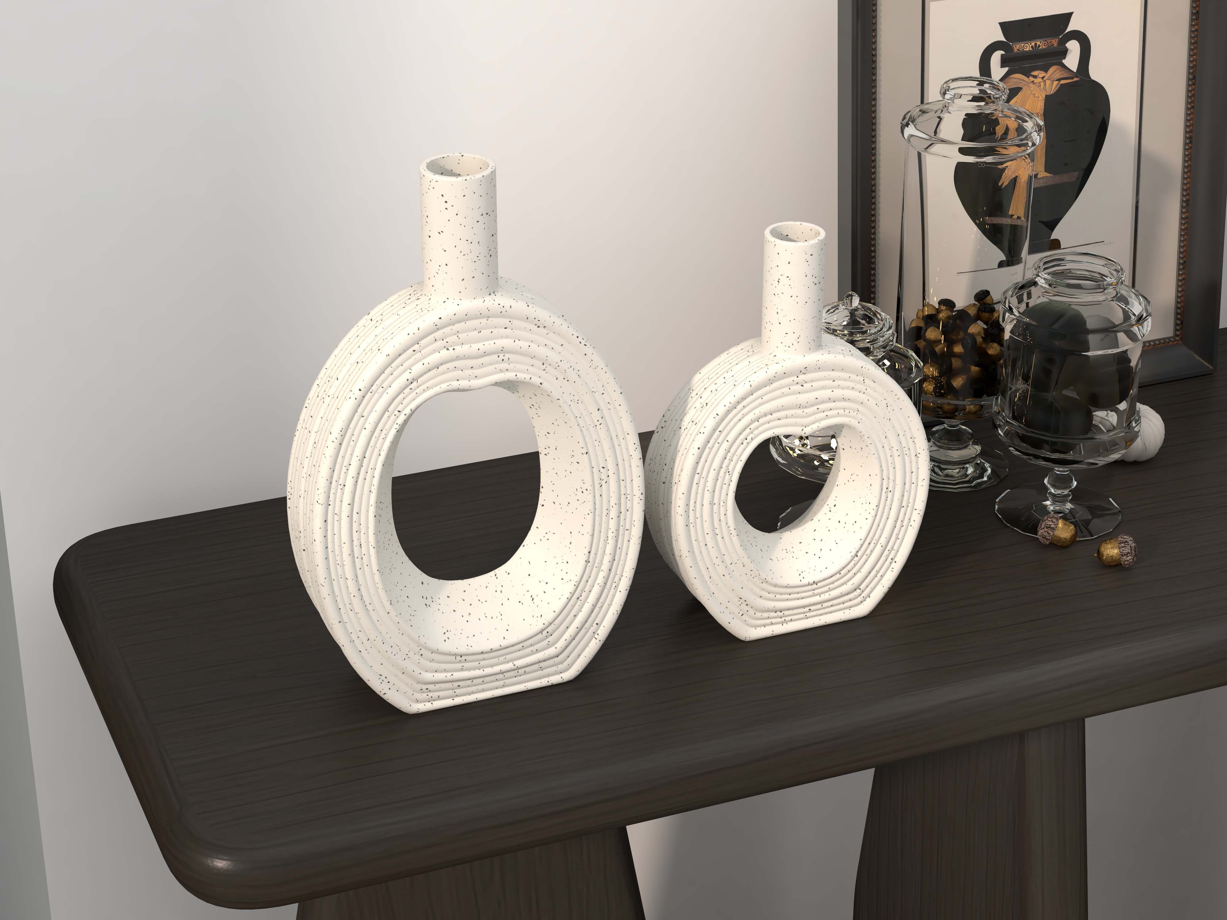 HMR - 2-Pieces Nordic Beige Ceramic Flower Vases Set Home Vase Decor Art Living Room Bedroom