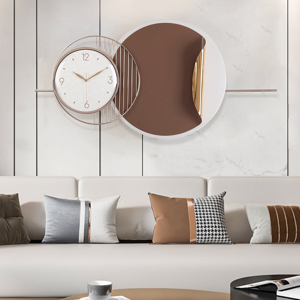 HMR - Modern Metal Large Wall Clock Round Oversized Decorative Wall Clocks in Brown