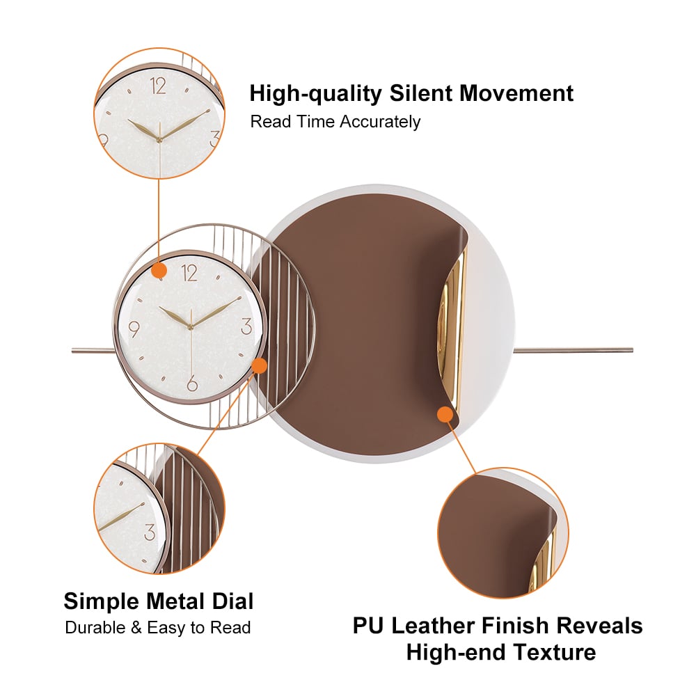 HMR - Modern Metal Large Wall Clock Round Oversized Decorative Wall Clocks in Brown