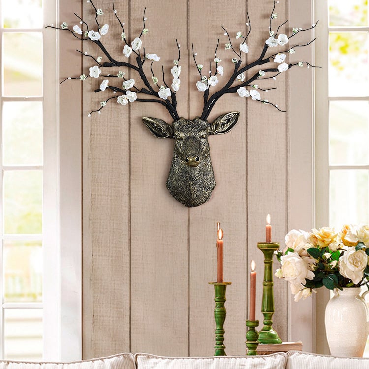HMR - Antique Bronze Deer Head Wall Decor White Cherry Blossom Artificial Flower Arrangement