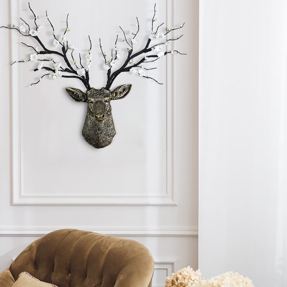 HMR - Antique Bronze Deer Head Wall Decor White Cherry Blossom Artificial Flower Arrangement