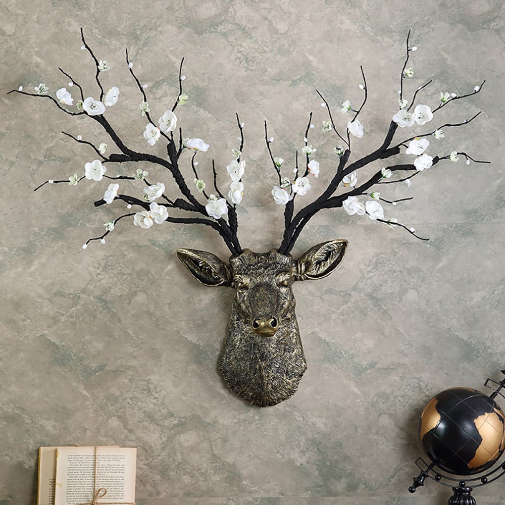 HMR - Antique Bronze Deer Head Wall Decor White Cherry Blossom Artificial Flower Arrangement