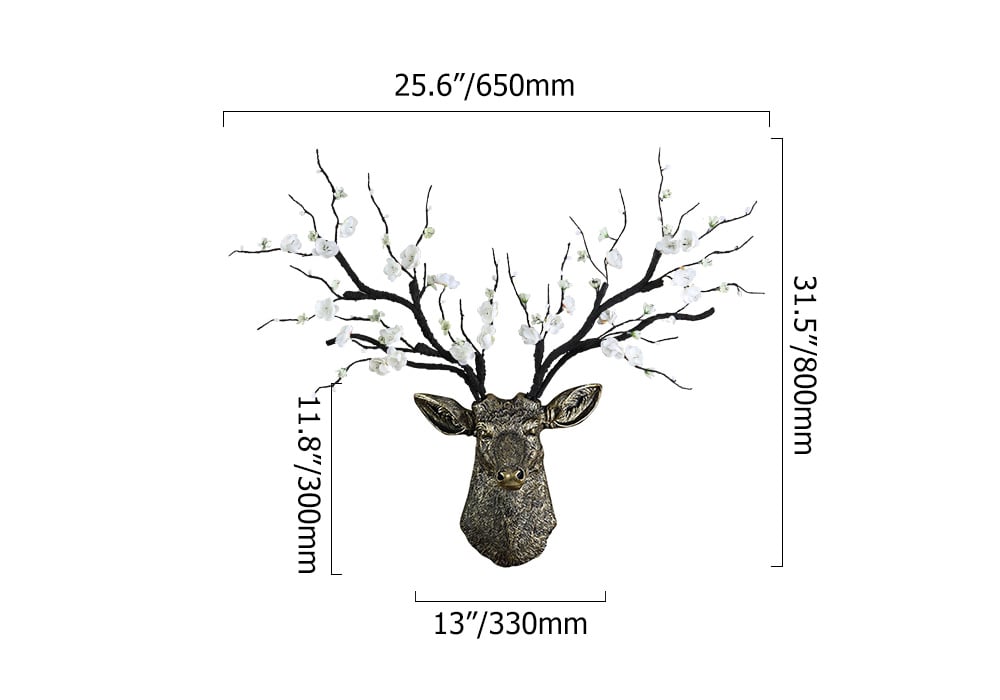 HMR - Antique Bronze Deer Head Wall Decor White Cherry Blossom Artificial Flower Arrangement