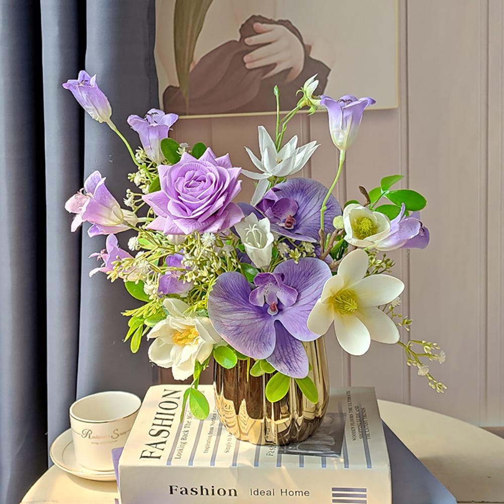 HMR - Purple Artificial Flower Arrangement in Gold Vase Fake Flower Dining Table Centerpiece