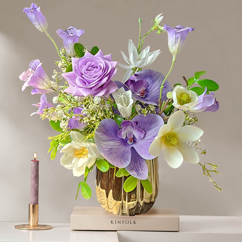 HMR - Purple Artificial Flower Arrangement in Gold Vase Fake Flower Dining Table Centerpiece