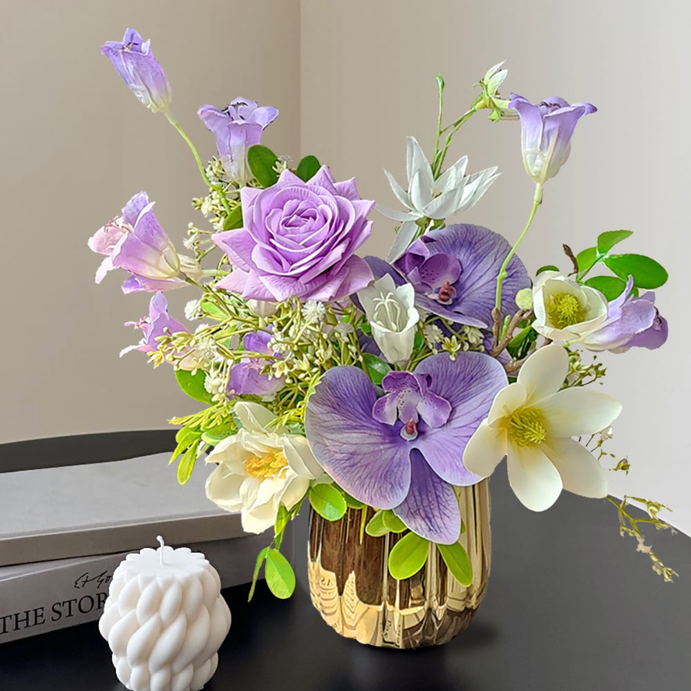 HMR - Purple Artificial Flower Arrangement in Gold Vase Fake Flower Dining Table Centerpiece