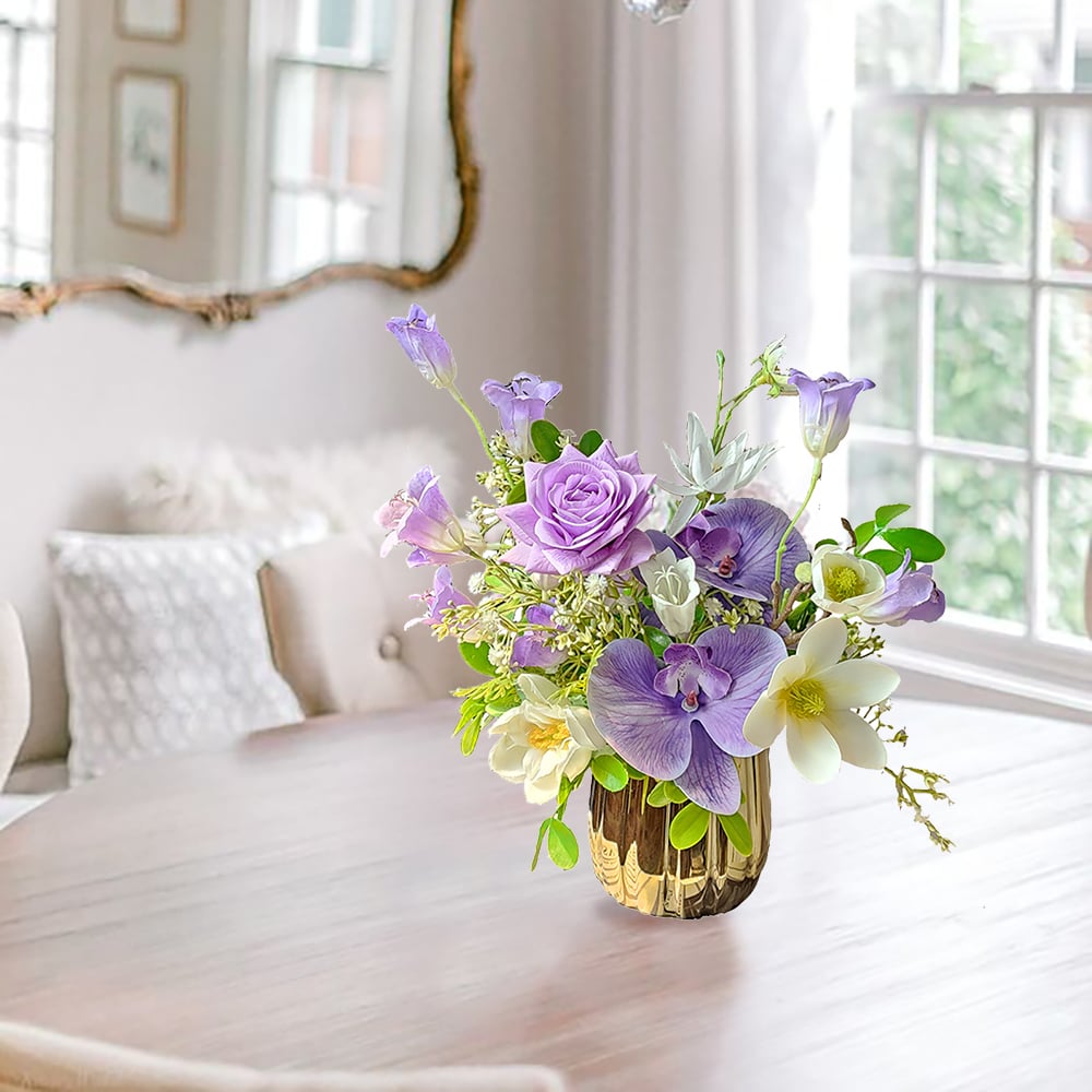 HMR - Purple Artificial Flower Arrangement in Gold Vase Fake Flower Dining Table Centerpiece