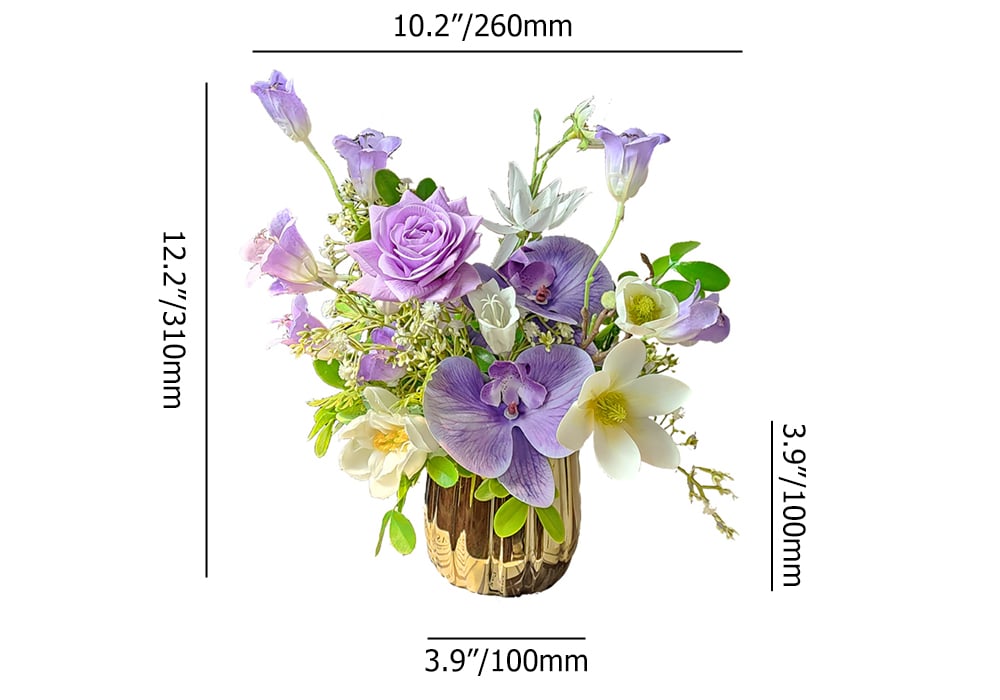 HMR - Purple Artificial Flower Arrangement in Gold Vase Fake Flower Dining Table Centerpiece