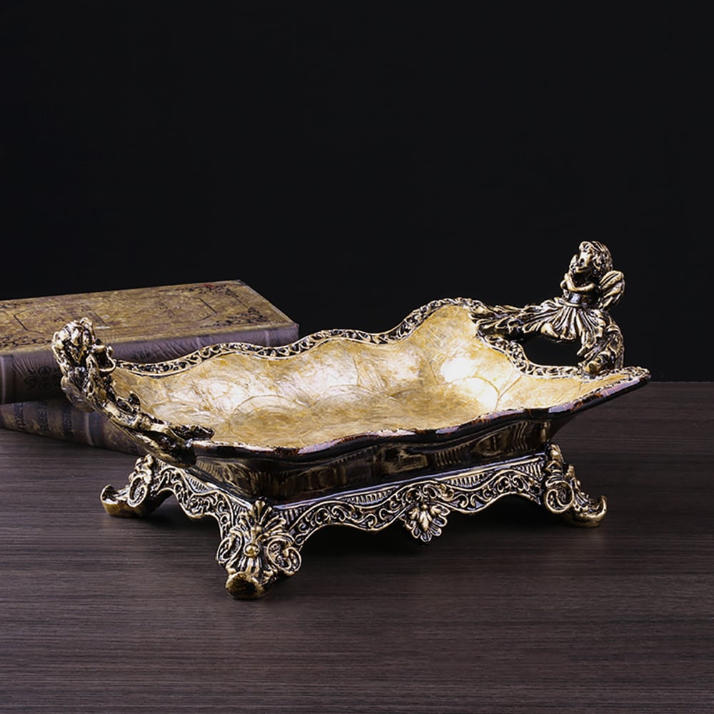 HMR - Shellium Resin & Shell Fruit Basket Decorative Traywith Handes in Gold & Brown