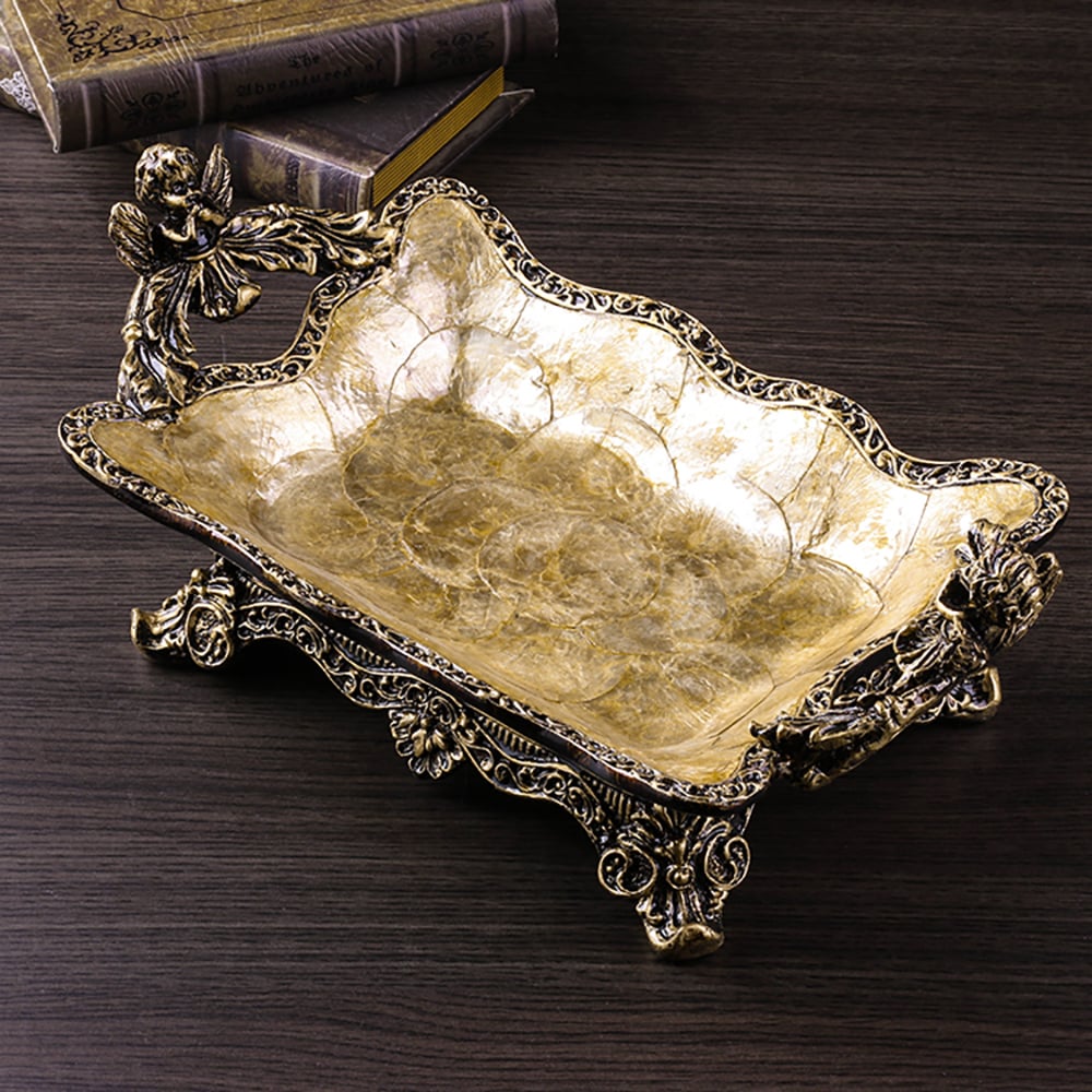 HMR - Shellium Resin & Shell Fruit Basket Decorative Traywith Handes in Gold & Brown