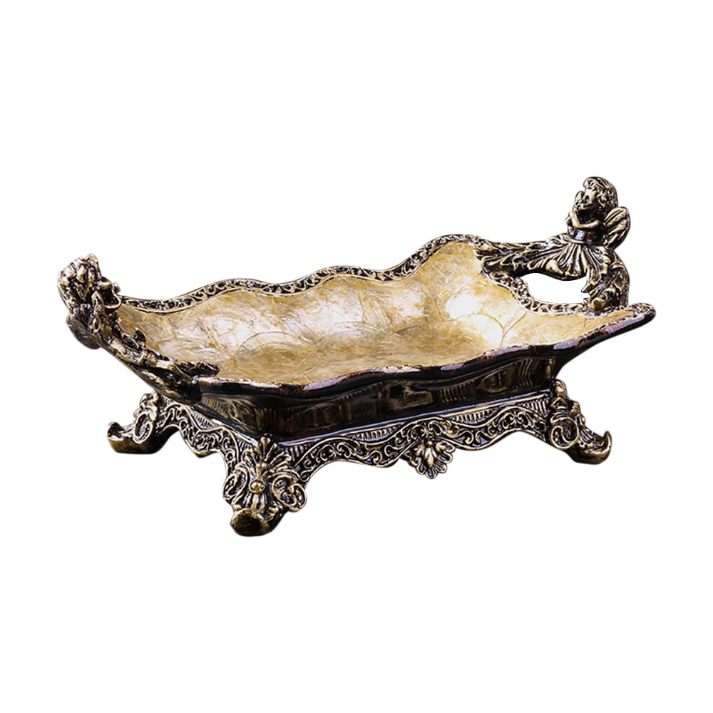 HMR - Shellium Resin & Shell Fruit Basket Decorative Traywith Handes in Gold & Brown