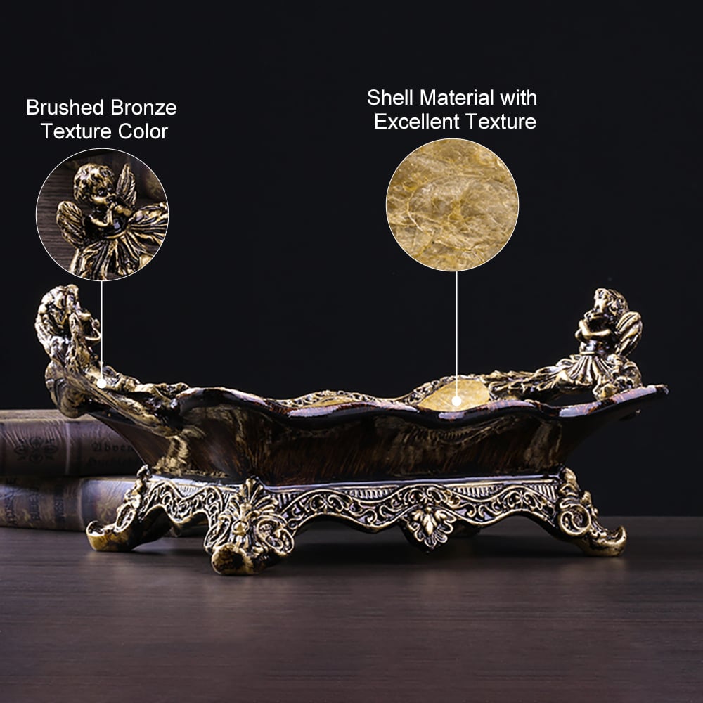 HMR - Shellium Resin & Shell Fruit Basket Decorative Traywith Handes in Gold & Brown