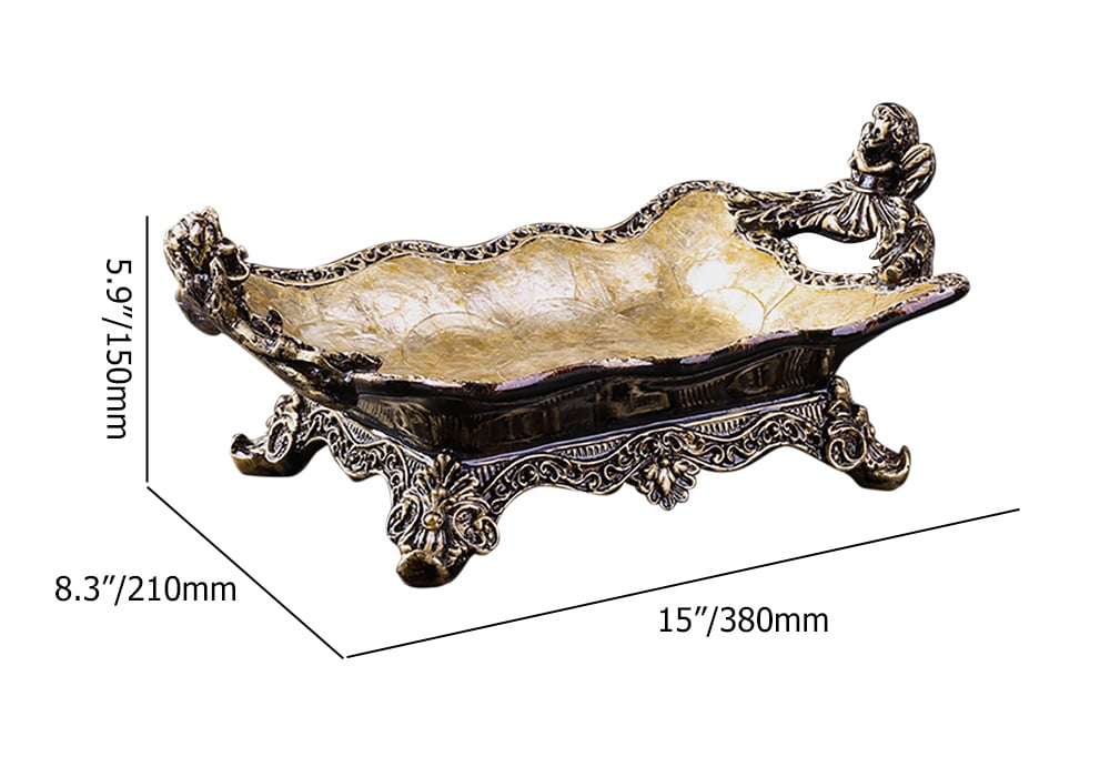 HMR - Shellium Resin & Shell Fruit Basket Decorative Traywith Handes in Gold & Brown
