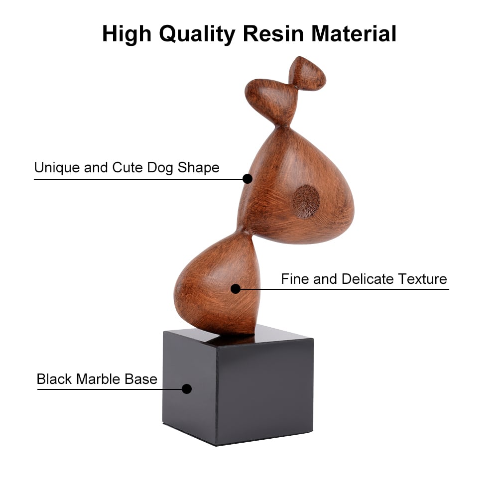 HMR - Brown Resin Dog Sculpture Figurine Home Desk Statue Decor Art with Black Marble Base