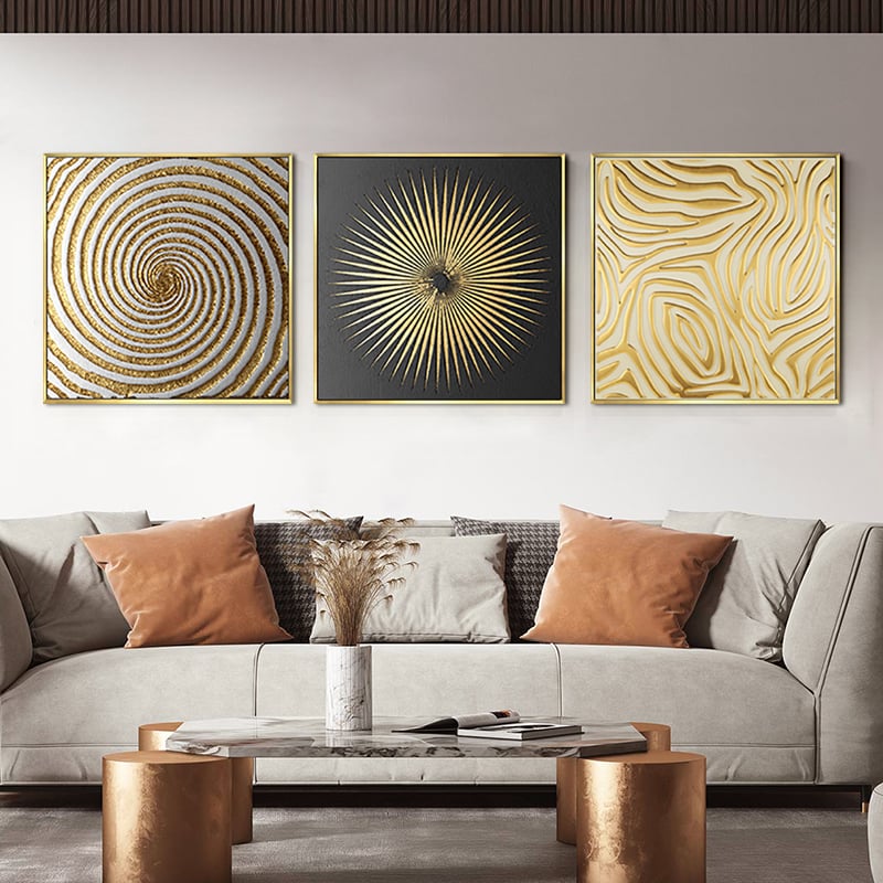 HMR - 3-Pieces Glam Square Wall Decor Set Canvas Abstract Art with Frame in Gold & Black