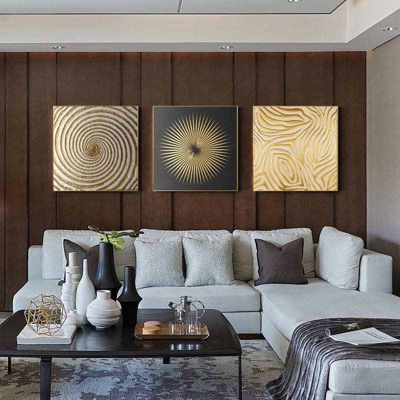 HMR - 3-Pieces Glam Square Wall Decor Set Canvas Abstract Art with Frame in Gold & Black