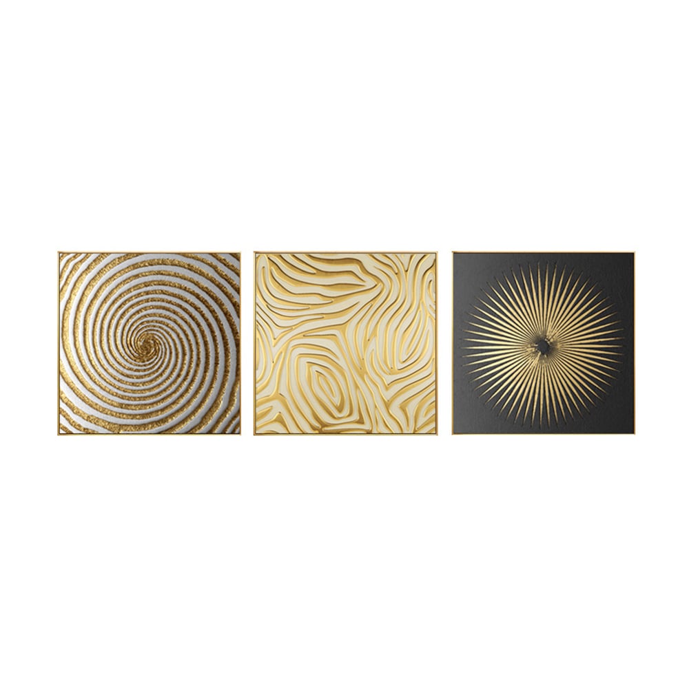 HMR - 3-Pieces Glam Square Wall Decor Set Canvas Abstract Art with Frame in Gold & Black