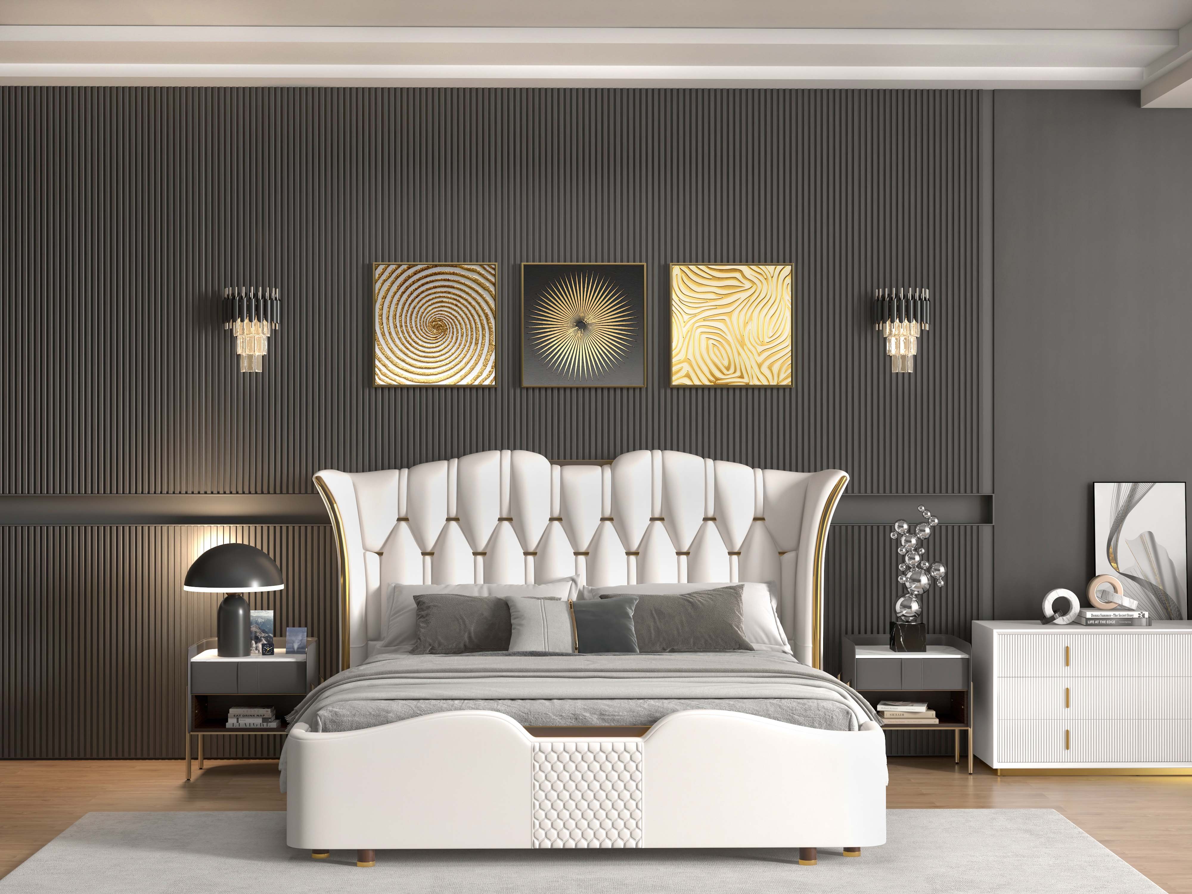 HMR - 3-Pieces Glam Square Wall Decor Set Canvas Abstract Art with Frame in Gold & Black