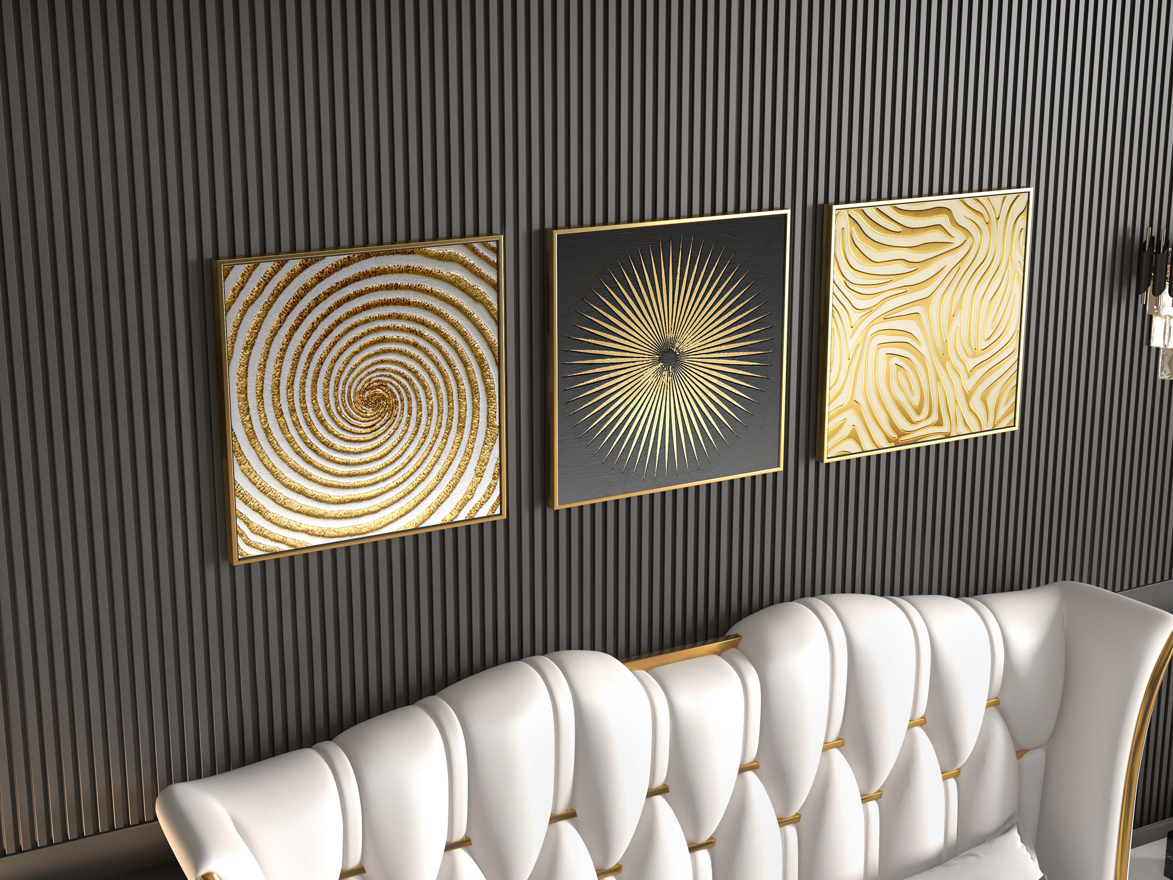 HMR - 3-Pieces Glam Square Wall Decor Set Canvas Abstract Art with Frame in Gold & Black
