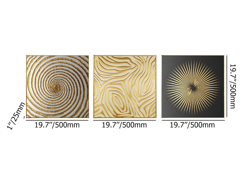 HMR - 3-Pieces Glam Square Wall Decor Set Canvas Abstract Art with Frame in Gold & Black