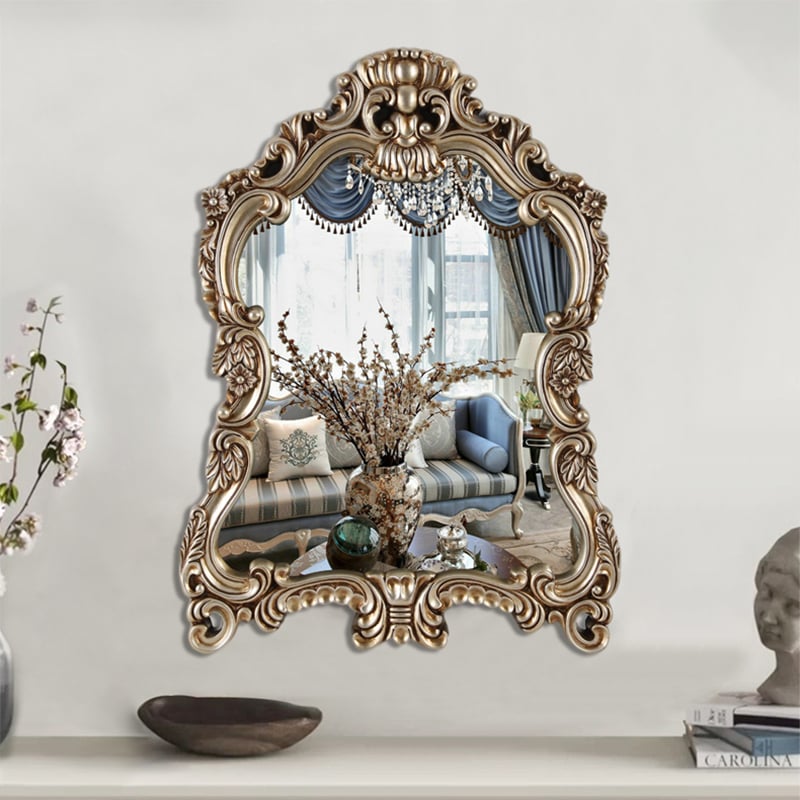 HMR - Large Vintage Arch French Shield Wall Mirror Decor 19th Century Champagne Gold Art