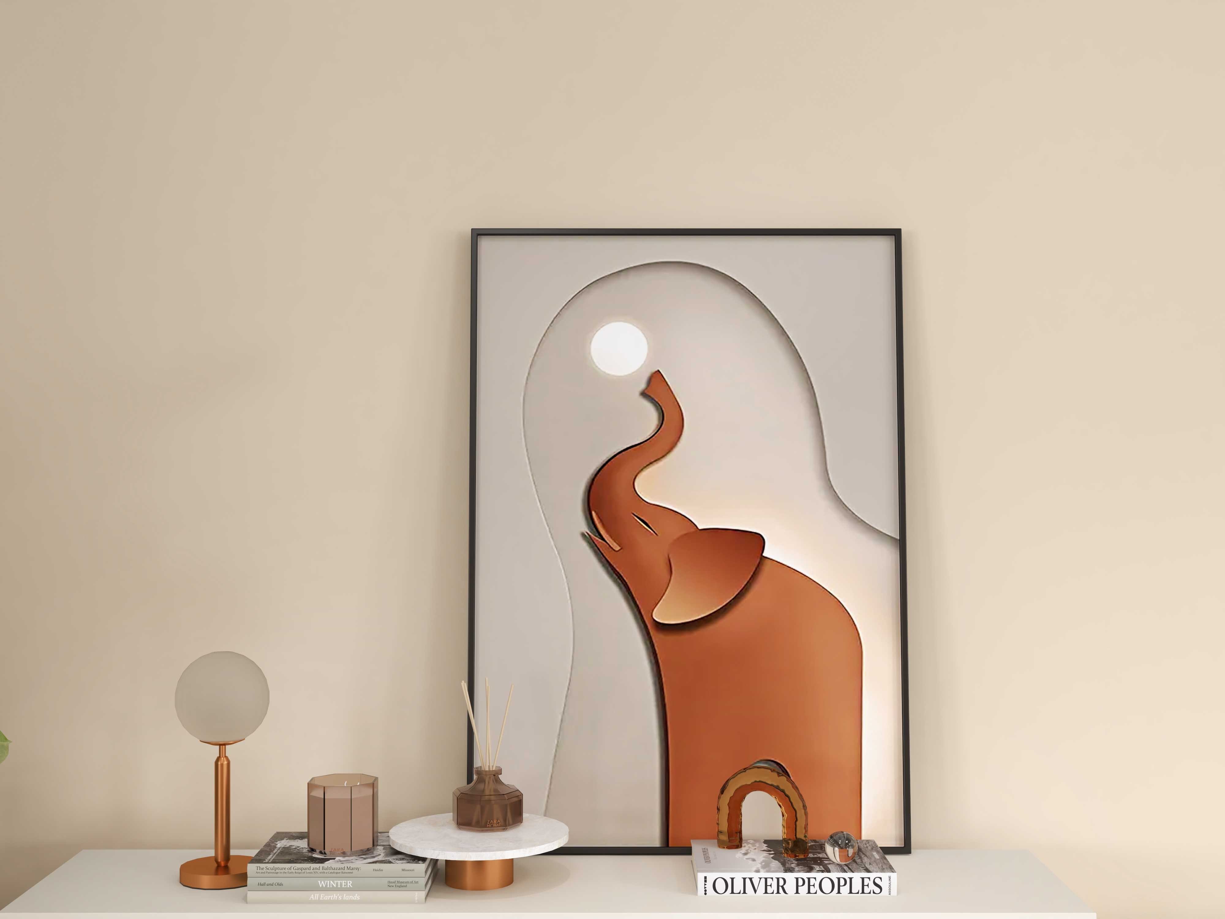 HMR Realid Modern Elephant Wall Decor for Living Room Cute Painting with Frame in Brown - Rectangle