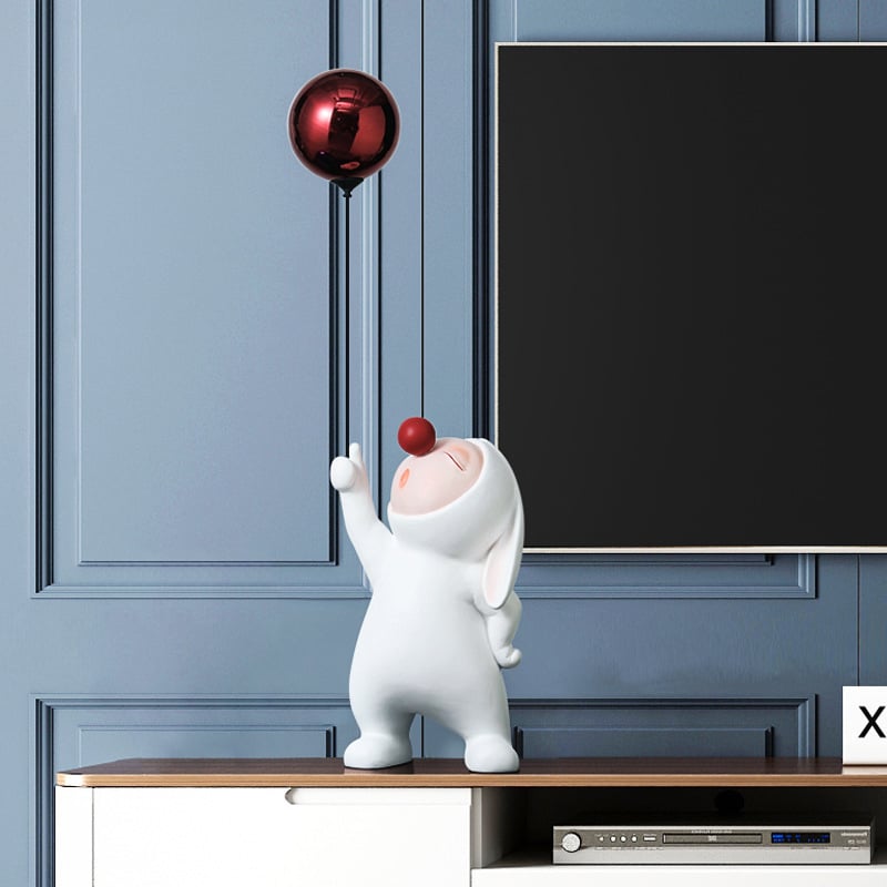 HMR - Modern Resin Rabbit Balloon Decorative Object White & Red Home Desk Figurine Decor Art